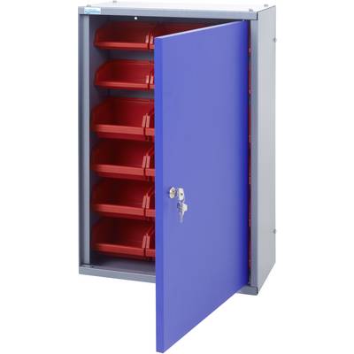 A blue metal cabinet with an open door reveals six red storage compartments and a key in the lock.