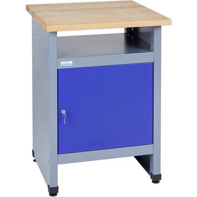 Grey metal table with a blue lockable door and wooden top. Ideal for workshop or garage use.