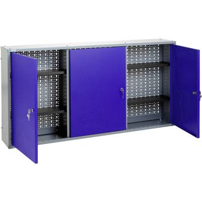 A metal cabinet with three blue doors, two of which are open. Inside, shelving is visible.