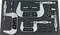 Various micrometer calipers and accessory parts in a foam insert, enabling precision measurements.