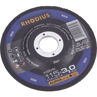 'Rhodius' cutting disc with 115 x 3.0 mm for steel and stainless steel. Shows technical specifications such as rotational speed and safety symbols.