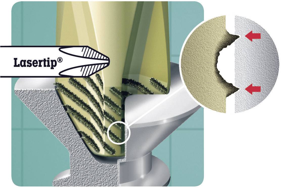 Representation of a laser tip component with an enlarged detail area. The red arrows indicate precisely processed areas.