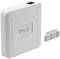 A white, square electronic device with an Ethernet port on top, next to a mounting bracket. Manufacturer information is shown on the back.