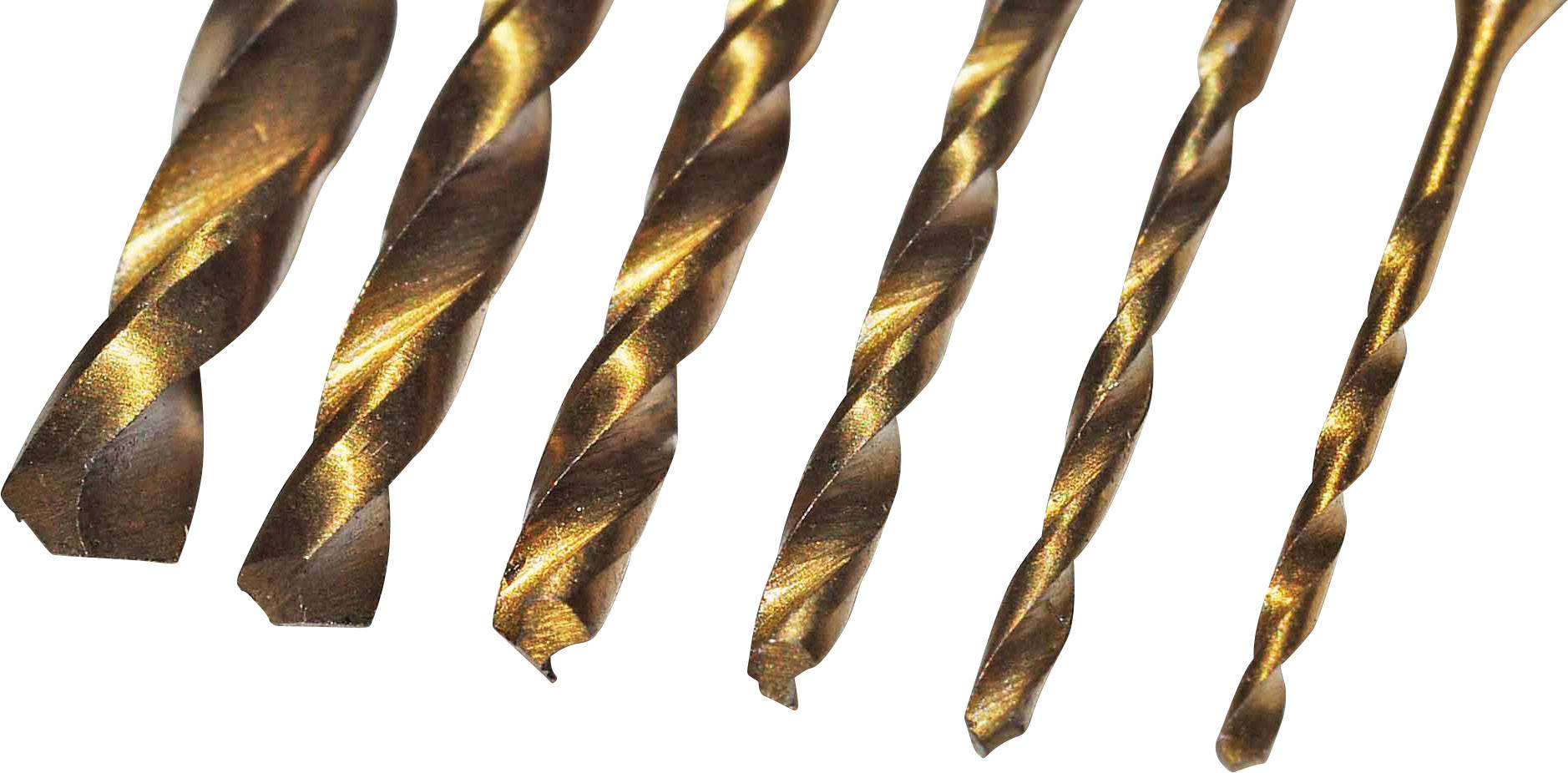 Five copper-coloured drill bits of varying sizes are arranged side by side. They demonstrate the diversity in size and application.
