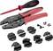 Tool set with crimping pliers, screwdriver and several interchangeable crimping inserts, against a white background.