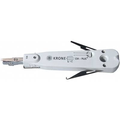 A Krone LSA-Plus installation tool, white, with screwdriver and insertion aid, used for network cabling.