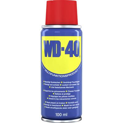 WD-40 spray can with a red lid, blue lettering on a yellow background. Text: 'Multi-purpose product'. 100 ml contents.