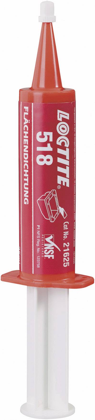 Red Loctite 518 Sealing Paste in syringe form, used for sealing surfaces, cylindrical cartridge with application tip.