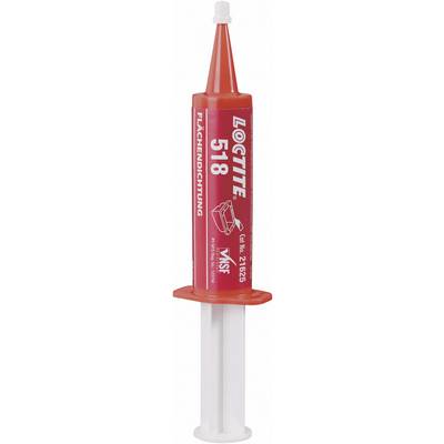 Red Loctite 518 Sealing Paste in syringe form, used for sealing surfaces, cylindrical cartridge with application tip.