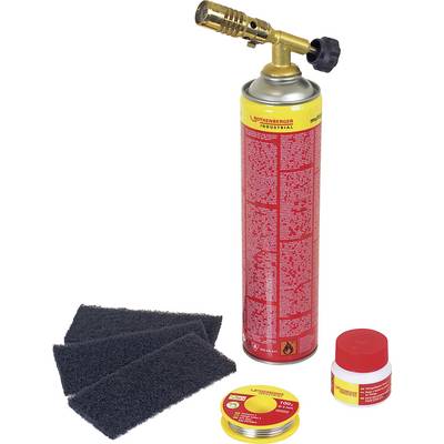 Soldering iron set with gas bottle, cleaning mats, solder wire reel and flux container. Ideal for soldering and repair work.