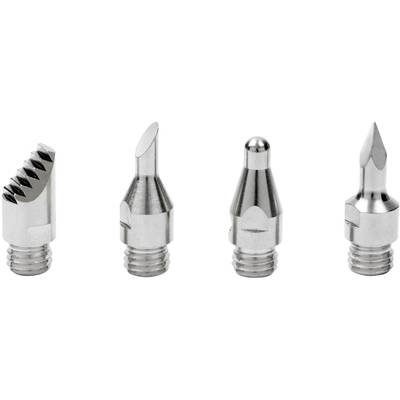 Four different metal tips for hot wire cutters: serrated, bevelled, round, and pointed. Used for modelling.