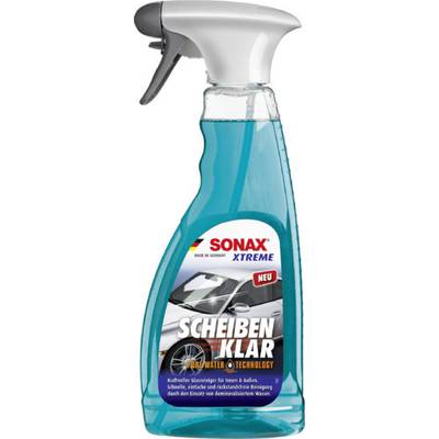 Clear glass spray bottle with label: 'Sonax Xtreme Glass Clean', suitable for effective cleaning of interior and exterior windows.