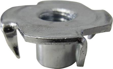 A metal T-nut with a smooth top surface and three protruding pins for secure fastening in wood or other materials.