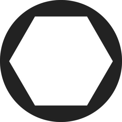 A black hexagon surrounded by a circular frame on a white background.