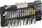 Wera tool set, comprising bits, sockets and a ratchet spanner in a compact holder, suitable for repairs.