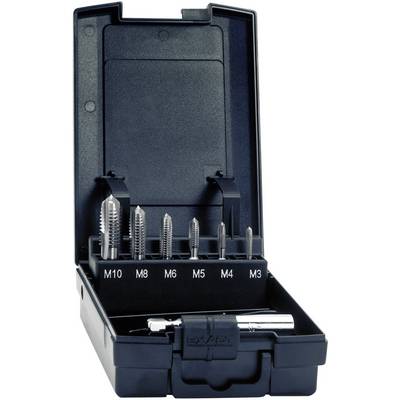 A set of steel cutters in a black box, marked from M3 to M10. It contains six differently sized cutting tools.
