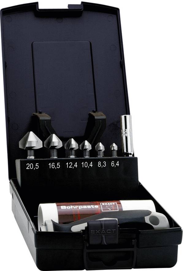 Exact HSS-Kegelsenker-Bitsatz 90° 6,3-20,5mm plus6 1605649 Countersink set 8-piece 6.3 mm, 8.3 mm, 10.4 mm, 12.4 mm, 16.5 mm, 20.5 mm HSS 1/4" (6.3 mm) 1 Set