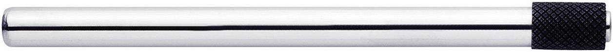 A cylindrical silver tube with a black ribbed cap at one end.