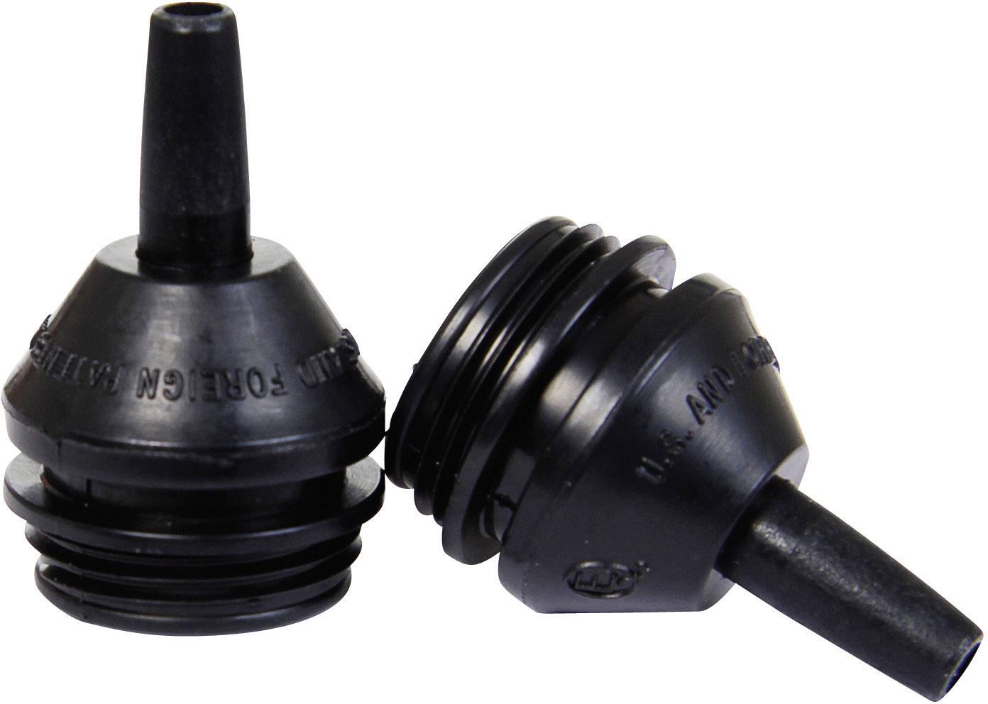 Two black plastic components with threads and angled outlets, lying down. They resemble valves and are positioned side by side.