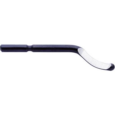 A hand scraper with an ergonomic handle and curved metal blade for removing burrs and irregularities from workpiece edges.