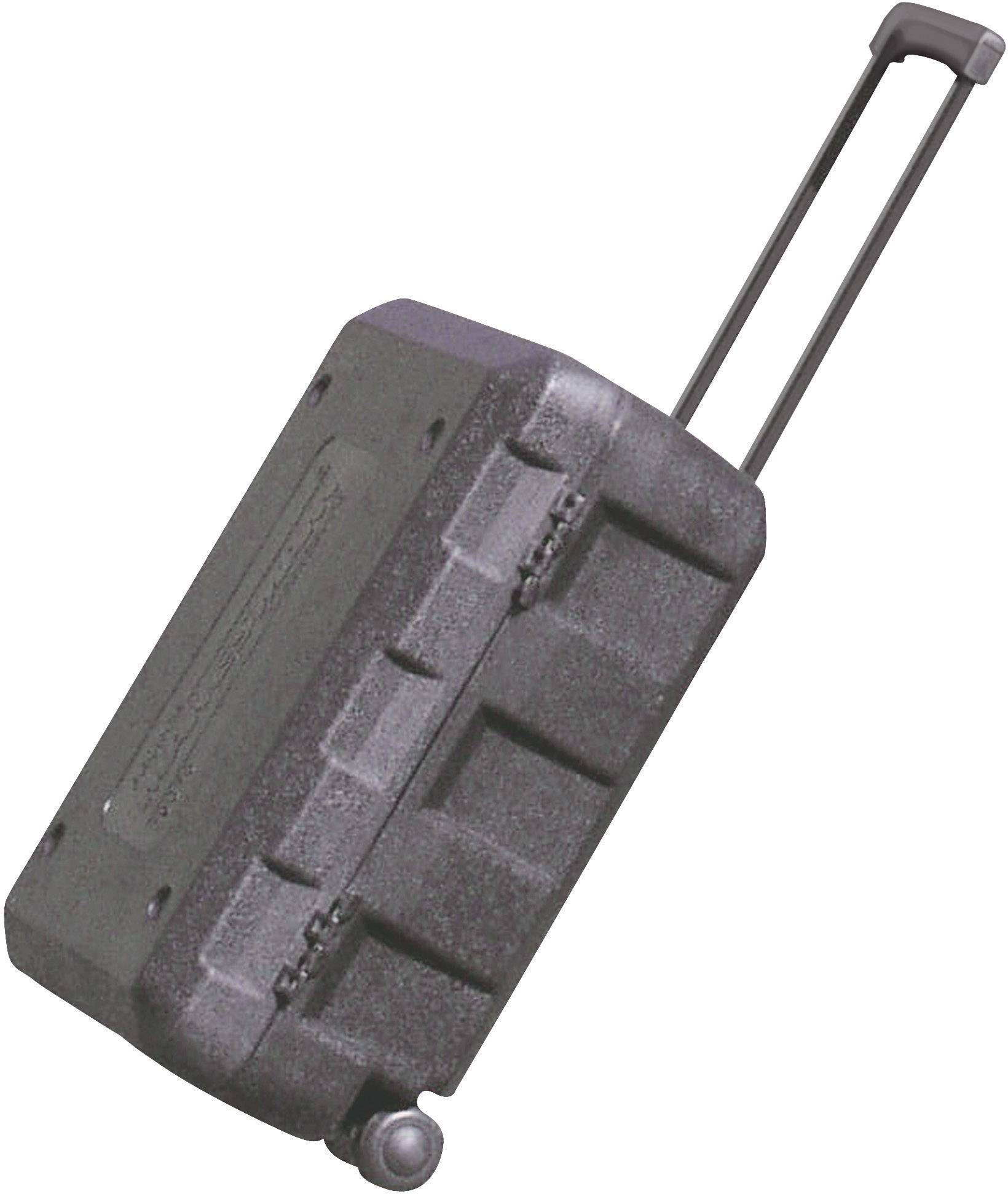 A black hard-shell suitcase with an extendable handle and wheels, slightly angled. Ideal for travelling or storage.