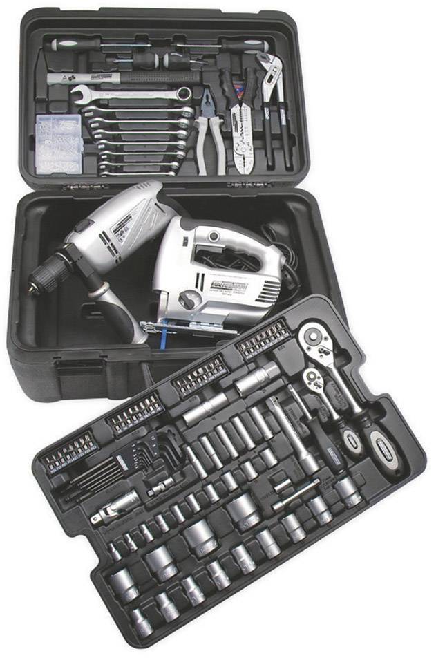 An open toolbox with a cordless drill, various spanners, pliers, and socket attachments in organised compartments.