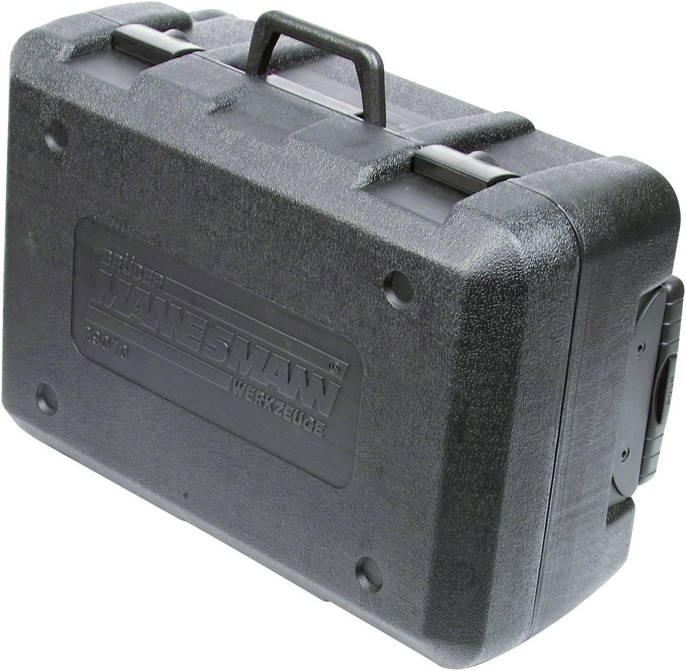 A black, robust tool case with a carry handle, with the brand name embossed on it. Ideal for securely storing tools.
