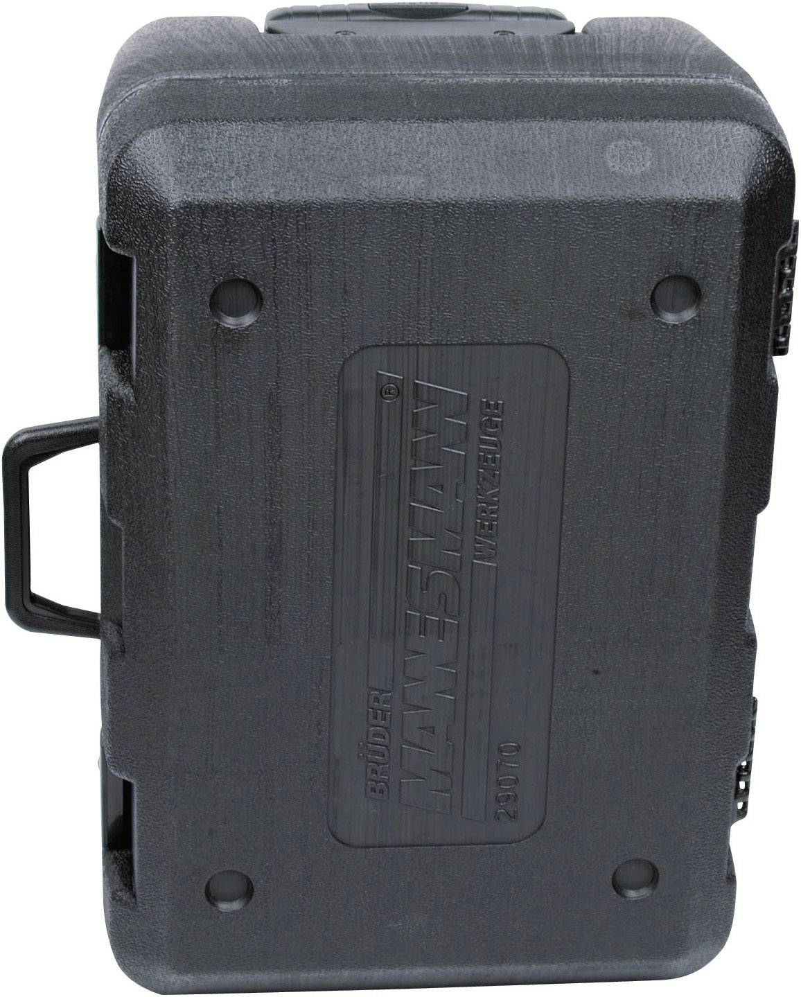 Black, rectangular protective case with carry handle and reinforced corners. Marking on the front. Ideal for robust storage.