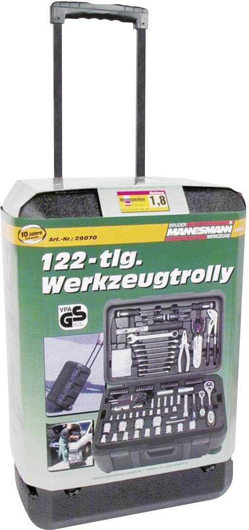 'Tool trolley with 122 pieces, on wheels, brand name on top. Open image shows various tools such as pliers and spanners.'