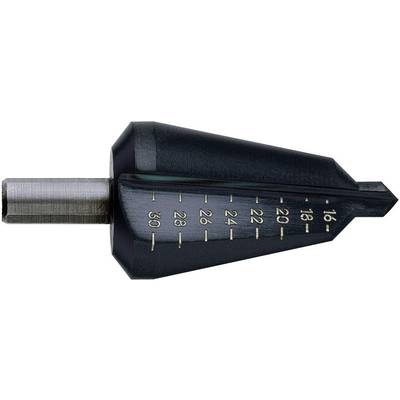 Metal stepped drill with graduated diameters from 16 to 30 mm.