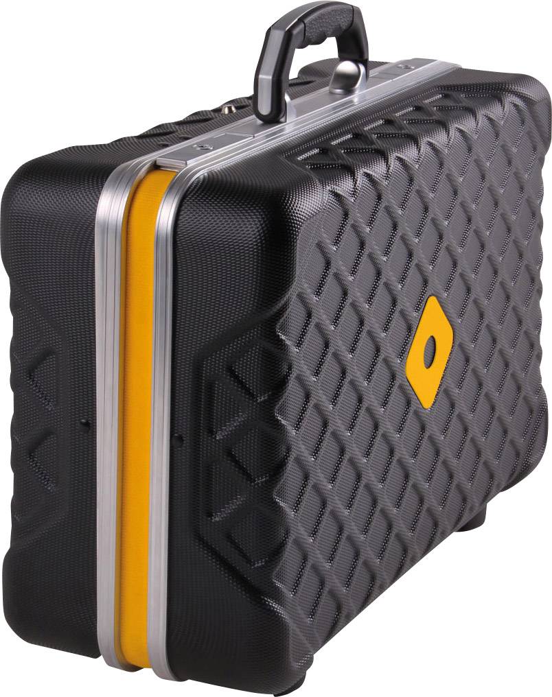 Black, structured suitcase with yellow stripe and handle, suitable for business travel.