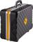 Black, structured suitcase with yellow stripe and handle, suitable for business travel.