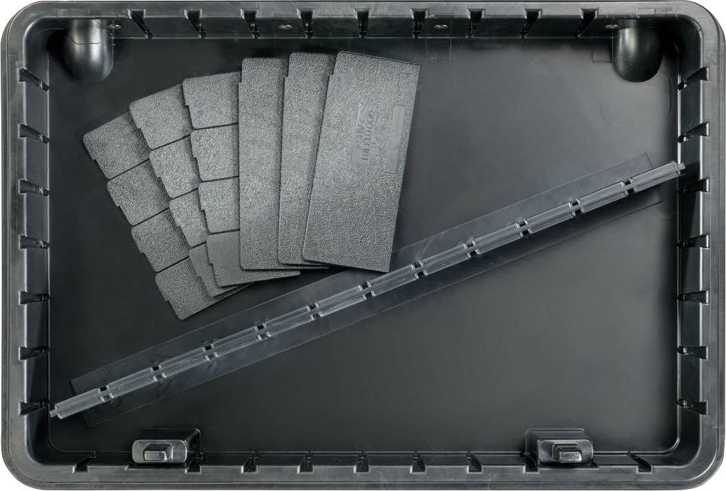 A empty black plastic box with a removable partition and several foam inserts on the side.