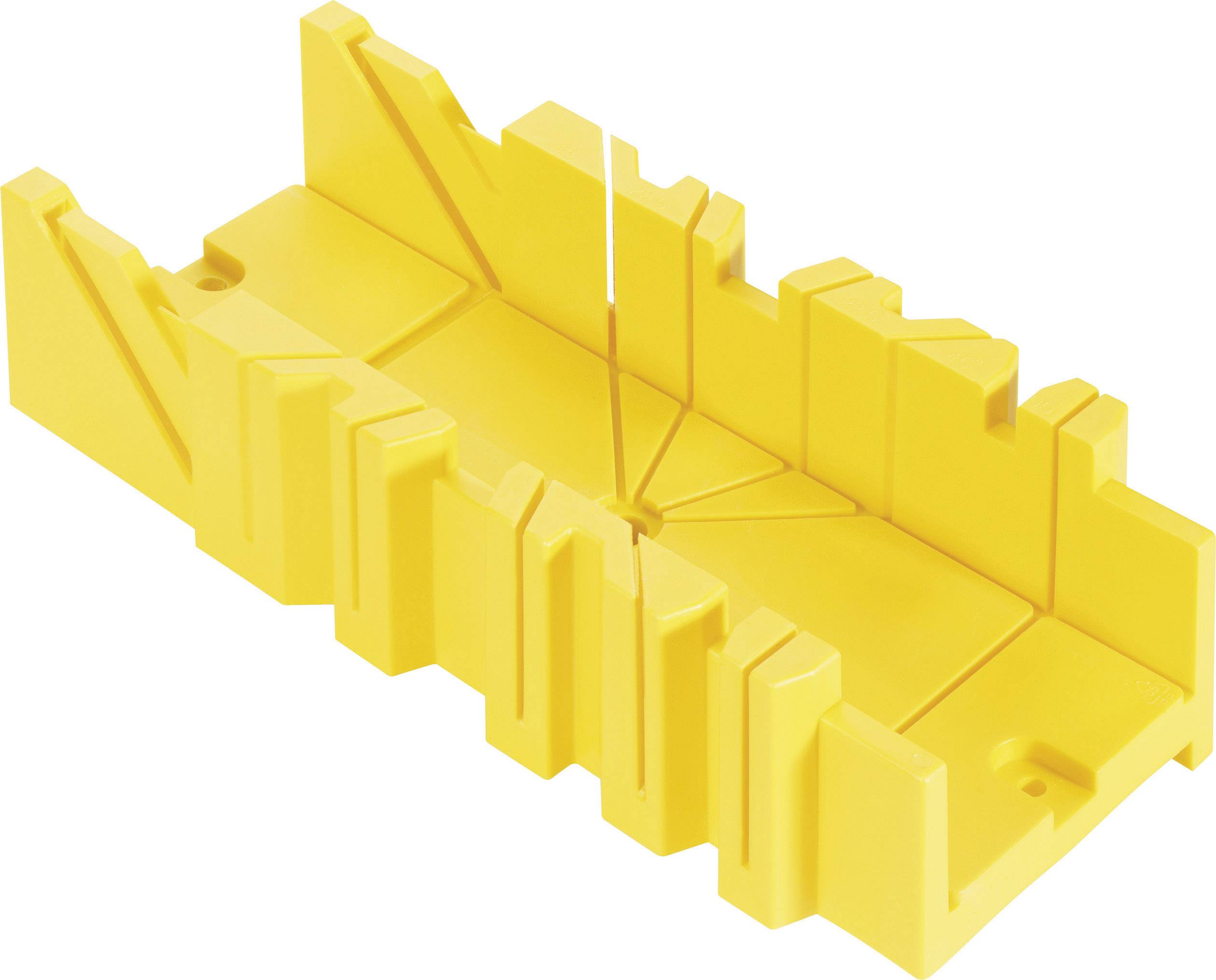 A yellow plastic mitre box used for precise sawing of wood at 45- or 90-degree angles.