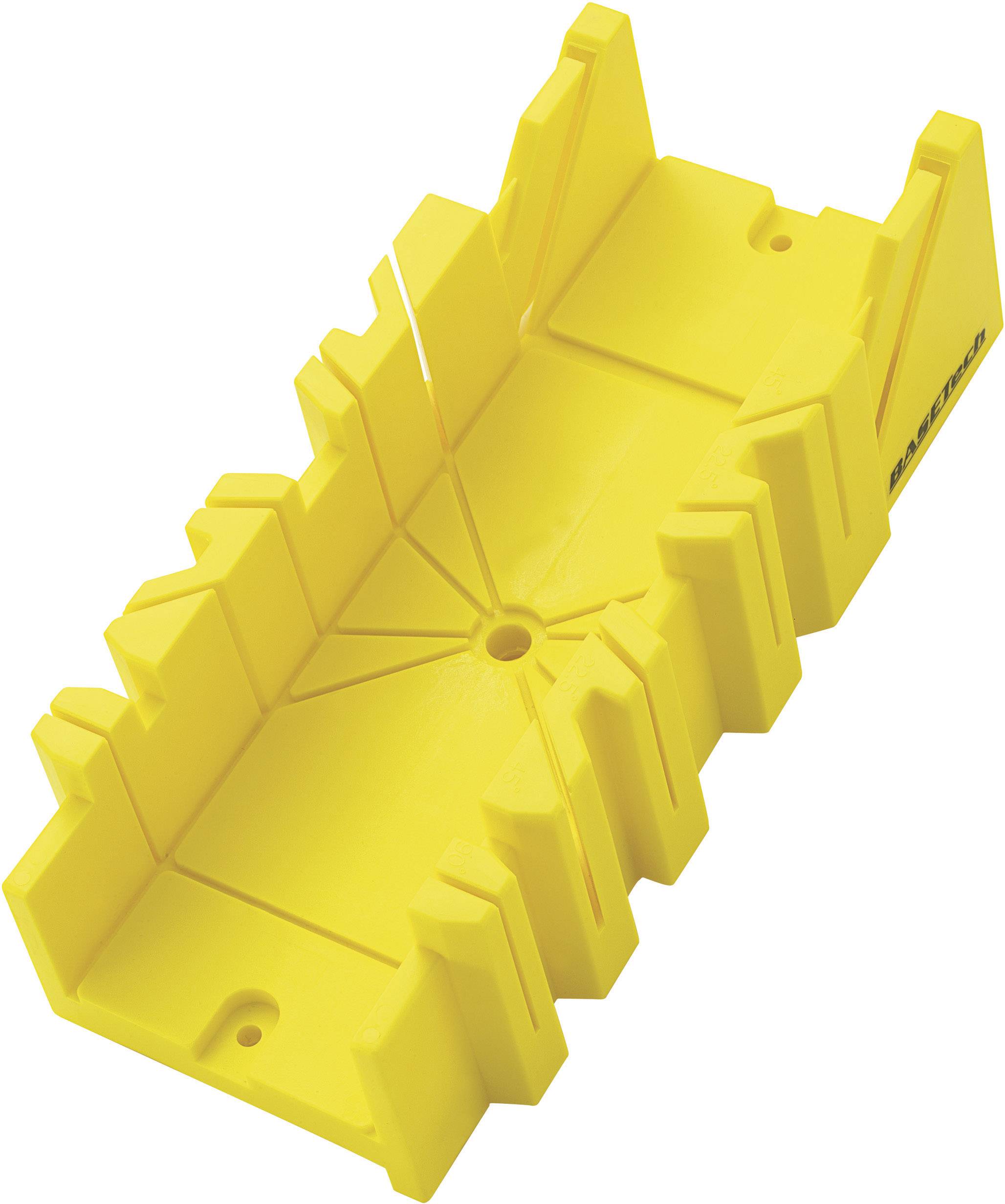 Yellow plastic mitre box with multiple grooves for precisely sawing wood at different angles.