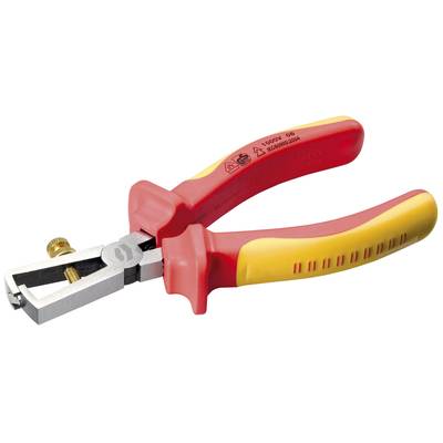 An isolated wire stripping pliers in red and yellow, suitable for electricians. It has an ergonomic handle and an adjustable screw.