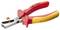 An isolated wire stripping pliers in red and yellow, suitable for electricians. It has an ergonomic handle and an adjustable screw.