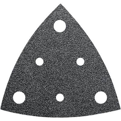 Triangular sandpaper with five evenly spaced holes. Suitable for electric sanding devices. Coarse-grained texture.