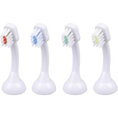 Four white toothbrush heads in a row, each with differently coloured indicator bristles: red, blue, green and yellow.