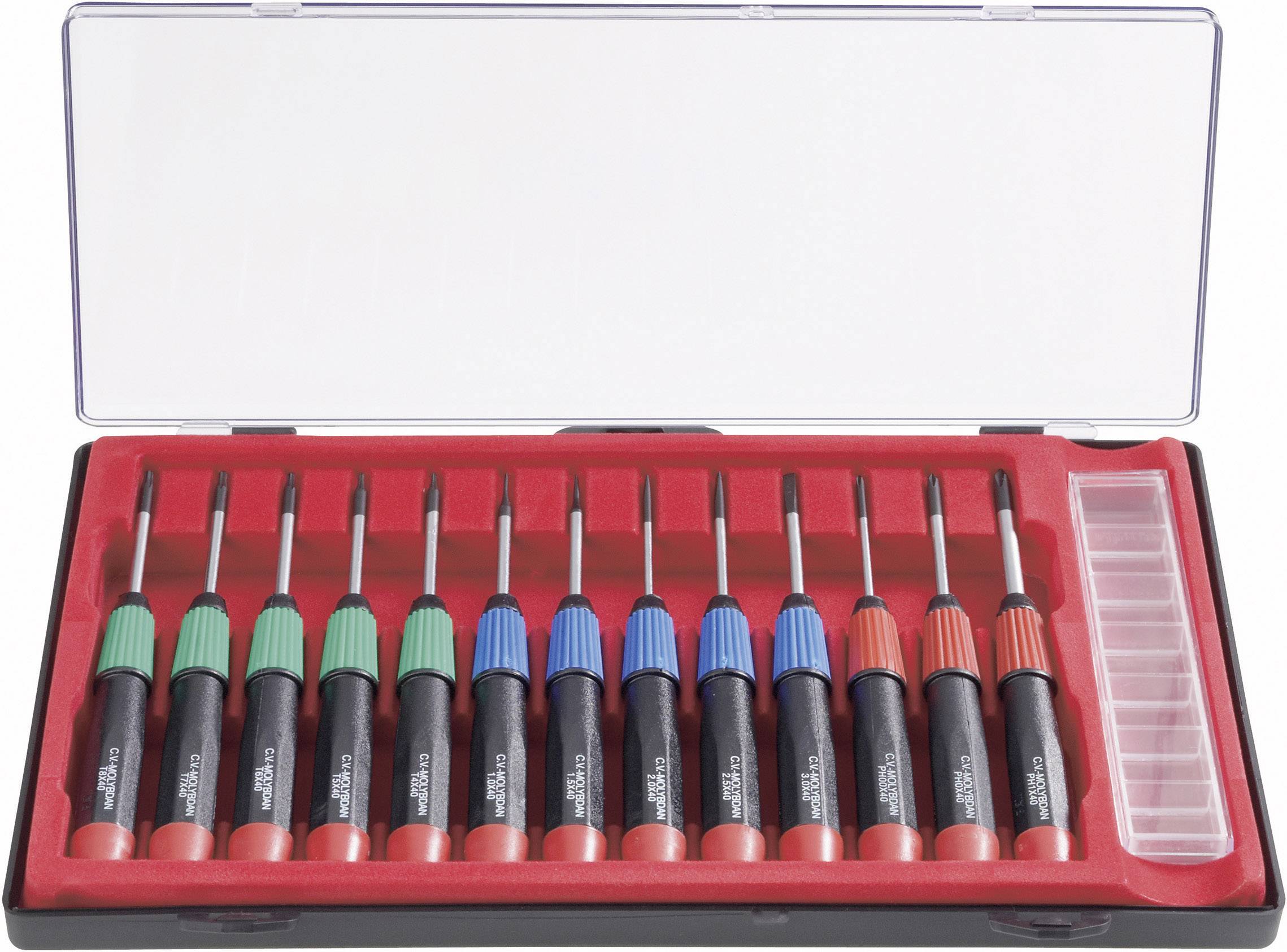 A set of twelve screwdrivers with differently coloured handles in an open case.