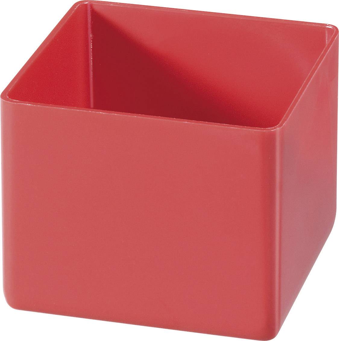 Red plastic square container, empty and without a lid.