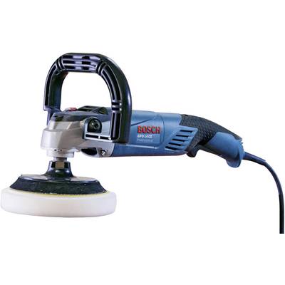 Electric angle grinder by Bosch with blue and black casing and polishing disc, suitable for various surface treatments.