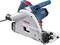 A blue and white electric handheld circular saw by Bosch is presented, suitable for precise cuts in wooden materials.