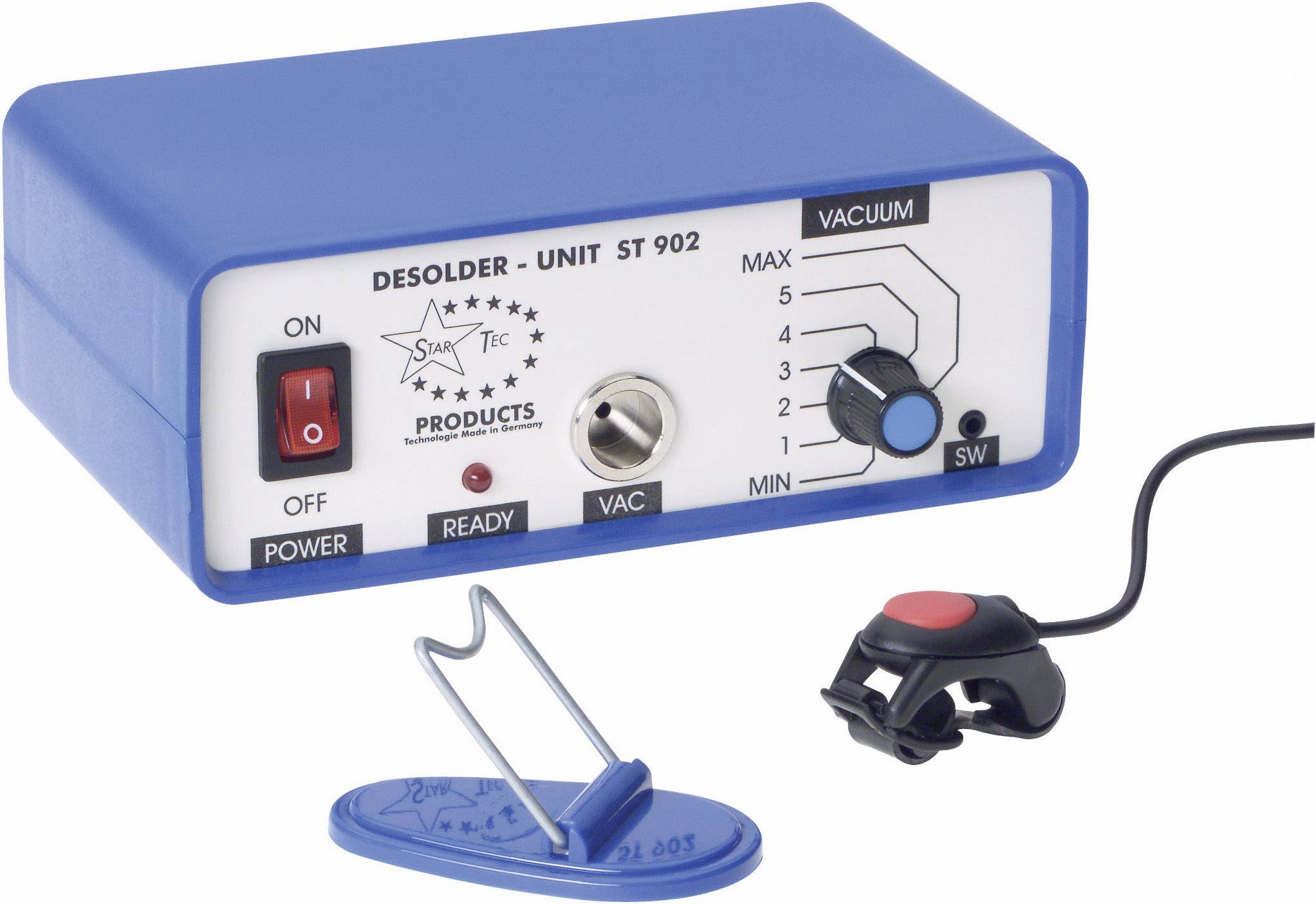 A blue desoldering tool with switches and a rotary control dial. A holder with a clamp is attached to the side.