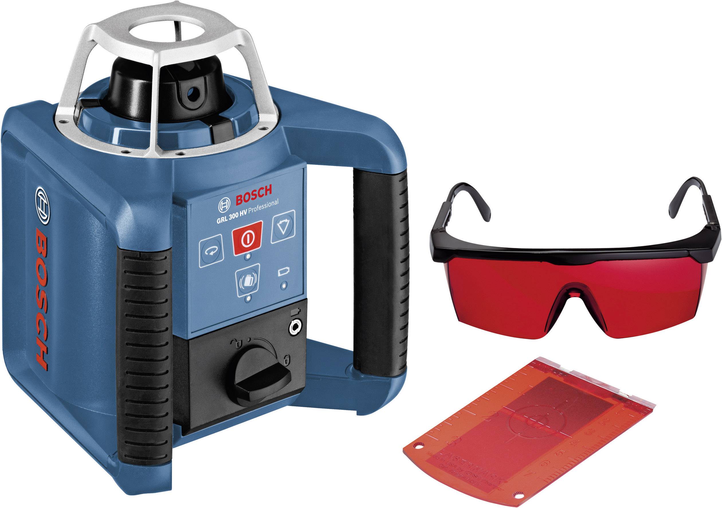 A blue Bosch rotary laser with a control panel, accompanied by safety glasses with red lenses and a red target.