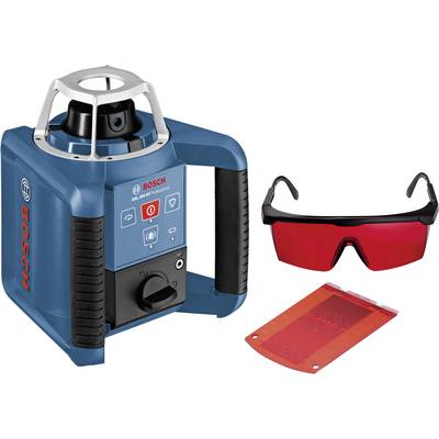 A blue Bosch rotary laser with a control panel, accompanied by safety glasses with red lenses and a red target.