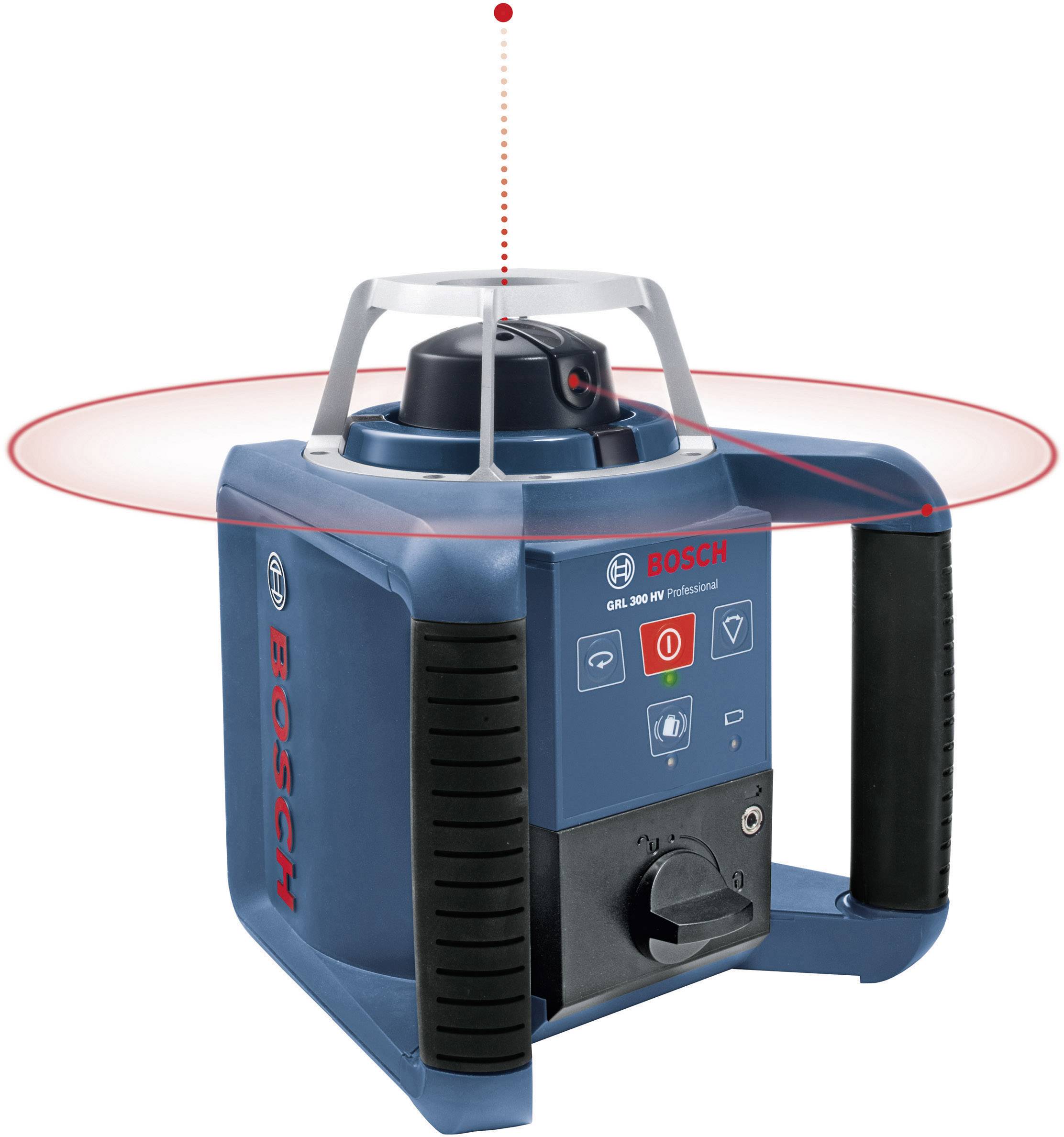 Bosch GRL 300 HV Professional Rotary Laser, blue-black, standing upright. Displays red laser line representation for precision measurements.