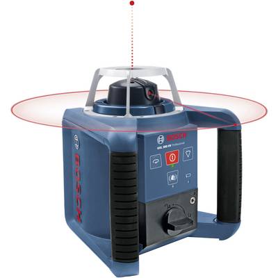 Bosch GRL 300 HV Professional Rotary Laser, blue-black, standing upright. Displays red laser line representation for precision measurements.