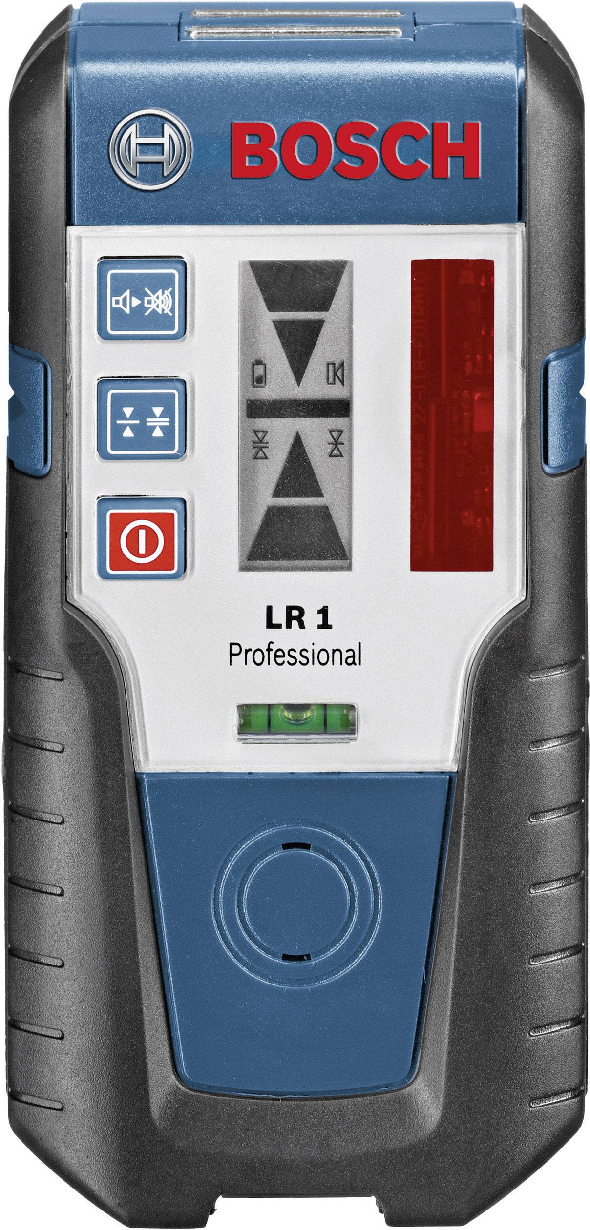 Bosch LR 1 Professional Receiver, front view. Shows control buttons, display and brand. Device for detecting laser beams.