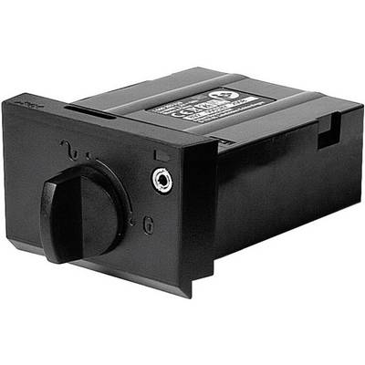 A black toggle switch with a round, rotatable control and a small connection on the side. A label on the top surface.